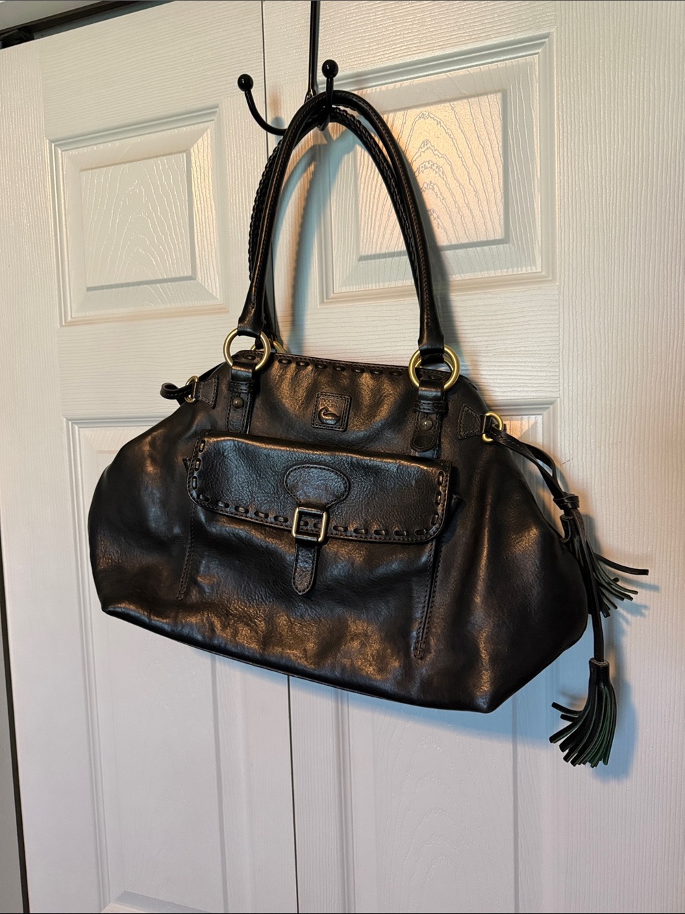 Dooney & Bourke Black Leather Shoulder Bag with Tassel